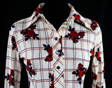 Size 8 Auburn Roses Print 1970s Polo Shirt - Medium Long Sleeved 70s Casual Top - Spring - Fall - 1970s Disco Era - Floral Plaid - Bust 36.5