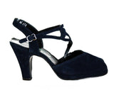 Size 5 1/2 1940s Platform Shoes - Chic Navy Blue Suede Pumps - Beautiful Asymmetric Dovetailed Straps - 40s Pin Up Goddess - NOS Deadstock