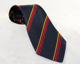 Men's 1970s Striped Tie - Navy Silk Cravat from Dunhill Tailors NYC - Dark Blue Maroon Red Citrus Yellow Diagonal Stripes - Made in Italy