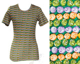 XXS Resort Style T Shirt from Italy - Green & Orange Striped Seashell Print 1970s Tee - Short Sleeved Summer Shells Cotton Top - Bust 32.5