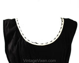 Size 8 1950s Sun Dress - Black Cotton Sleeveless Fit & Flare Peasant Frock - Button Accents - Gray Ivory Trim - Monochrome Pin Up - Waist 27