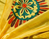 1960s Hand Painted Paisley Silk Scarf - Hippie 60s Medallion - Mustard Yellow - Red Orange - Brown - Emerald Green - Hand Rolled Hem - 49759
