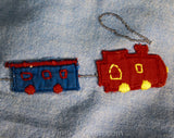 Size 4T 5T Boy's 50s Train Theme Overall - 1950s Child's Blue Cotton Romper - Locomotive Novelty Appliques - Red Blue Yellow - Made in Italy