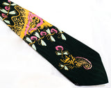 1940s Novelty Print Tie - Violin Music Theme Forest Green Pink & Orange Satin Mens Tie - Wide Swing Era Necktie - Dragonflies Insects