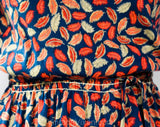 Size 6 Feather Print Dress - 1970s Soft Jersey Knit - Denim Blue Khaki & Coral Orange - 70s Spring Fall - Blouson Bodice with Cowl Neckline