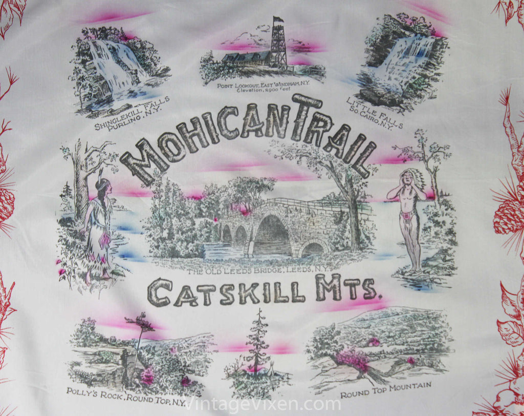 1940s Catskill Mountains Souvenir Scarf - Mohican Trail 40s Novelty Print Tourist Scenes - Native Americans - New York State Nature Scenes