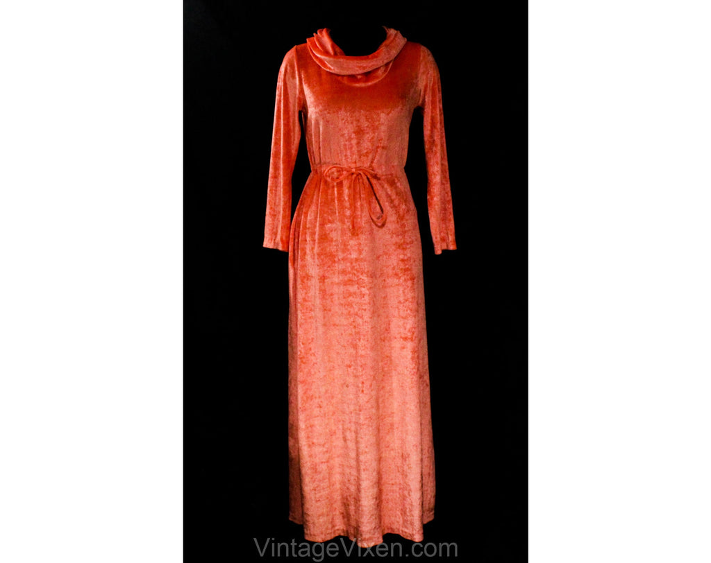 Small Medium Orange 1970s Dress - Late 70s Disco Shimmer Maxi Sheath with Cowl Neck & Long Sleeves - Size 6 to 10 Shiny Velvety Velour Knit