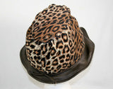 Leopard Corduroy Hat - 1960s Black & Brown Novelty Animal Print - Perky Adorable Casual Hat - Faux Leather Brim - Rockabilly - VLV 41346-1