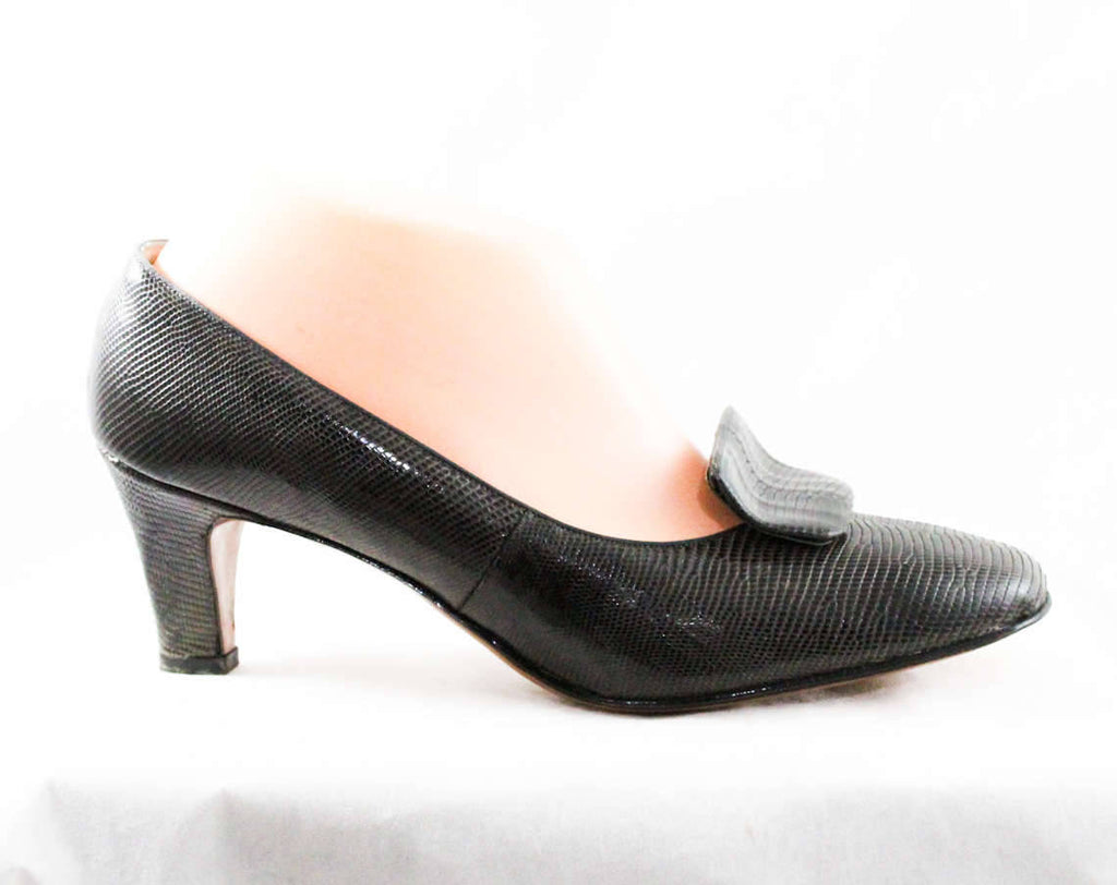 Size 8 Dark Grey Shoes - Unworn Reptile Leather 1960s Heels - 50s 60s Gray Pumps - Beautiful Secretary Style - NOS Deadstock - Size 8 1/2 B