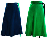 Size Large Wrap Skirt - Reversible Kelly Green & Navy Blue Wool 70s Classic Preppy Style - Flared Full A-Line - Winter Spring - Waist 32 34