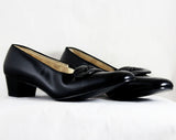 Size 8 Black Shoes - Glossy Faux Patent Leather 1960s Pumps with Deco Detail - 50s 60s Secretary Office Shoes - NOS Deadstock - 8 AA