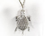 Turtle Pendant Necklace - 1970s Large Animal Novelty Jewelry - Cute Aquatic Reptile - Flexible Moving Parts - 70s Silver Hue Metal - 50639