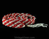 Beaded Braid Belt with Tassels - Red & Silver Glass Beads with Goldtone Metal Details - Small Medium - Striped 1960s Goddess Tie Sash