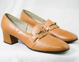 Size 6.5 Leather Loafers - Never Worn - 1960s Tan Shoes - Hipster 60s Brown Pumps - 6 1/2 Loafer - Modernist Studded Buckle - 43188-2