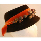 Adorable Chocolate 1960s Hat with Berries & Pumpkin Velvet Ribbon - Bucket Style Autumn Fall Brown Orange - Close Fitting Hat - 32354-1
