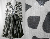 Size 8 Party Dress - 1990s Metallic Gray Animal Print & Taffeta Cocktail Dress - Sequins - Metallic Shotcloth - Bust 36 - Waist 27 - 39076