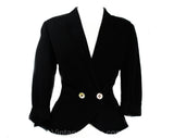 Size 14 1950s Black Suit Jacket - Large 40s 50s New Look Crepe Office Blazer with Gorgeous White Shell Buttons - Shawl Lapel - Waist 34