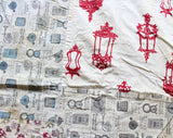 1950s Quirky Quilt - Novelty Print Cotton Couch Throw Blanket - Mid Century Scenes - 50s Newsprint - Fruits & Veggies - Old Barkcloth