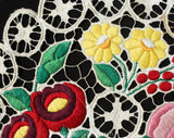 1930s 40s Embroidered Lace Centerpiece - Hand Sewn German European Embroidery - Round Doily Handmade Lace - Red Pink Green Blue Botanical