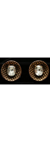 Resort Chic 1950s Hammered Metal & Rhinestone Earrings - Summer Goldtone Disc Shaped 1950s Screwbacks - Screw Back Earring - 32930-1
