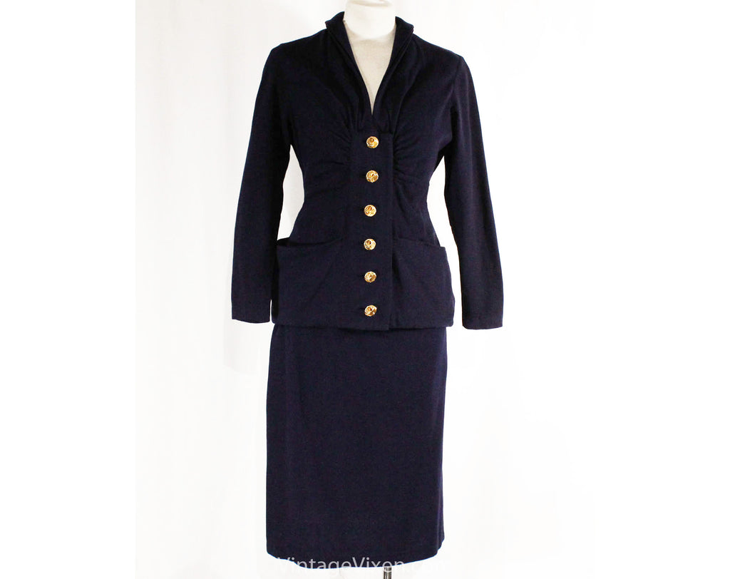 Size 6 1940s Suit - Navy Blue 40s Jacket & Skirt Set - Jacques Fath Look with Spiraling Metal Buttons - Pannier Pockets - Ruching - WWII Era
