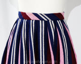 Size 8 1950s Folk Style Full Skirt - Artisan Style Pleated Cotton - Navy Blue Burgundy Pink & White Stripes - 50s Nelly de Grab - Waist 26.5