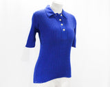 XS Royal Blue Sweater - Size 2 Short Sleeved Fine Cotton Cable Knit Top - Casual Polo Shirt - Bust 30 to 32 - European Label - Spring Summer