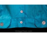 Size 12 1950s Turquoise Shirt - 50s Rockabilly Casual Blouse - Bright Blue Fine Cotton - 3/4 Sleeve Tailored Top with Tab Waist - Bust 40