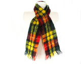 Plaid Mohair Scarf - 1950s 60s Red Green & Yellow Tartan Artisan Style Woven Wrap - Rectangular Fuzzy Lofty Wool with Fringe - Fall Winter