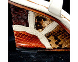 Size 7 Sandals - 1970s Ivory Leather & Snake Skin Heels - Size approx 7 - Summer Platform Shoes - Brown White Wedge Heel - Beach Florida