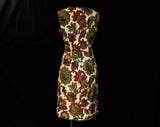 Size 10 1960s Summer Dress - Antique Sunflowers Floral Print 60s Hourglass Summer Sleeveless Dress - Beige Sage Gold Rouge - Bust 37.5