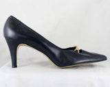 Size 7 Navy Shoes - 1950s 1960s Dark Blue Heels by Cotillion - 60s Unworn NOS Deadstock - Leather & Metal Buckle Bit Trim - 7B / AA Width