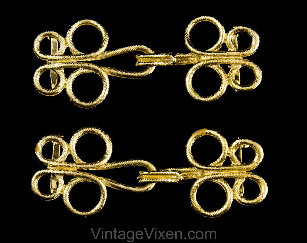 Asian Style Frog Closures Scatter Pin Set - 1950s 60s Functional Metal Hook and Eye Pairs - 4 Piece Gold Brooches - Unique Garment Closures