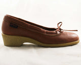 Size 6 Tan Leather Shoes - Preppie 1980s Pumps - Preppy 80s Brown Leather Shoe - Lace Up & Bow - Wedge Rubber Heels - Deadstock - 47660-1