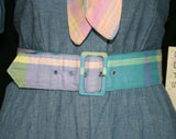 Size 8 Retro Dress - 50s Inspired Denim Chambray Full Skirted Dress - Pastel Picnic Plaid - Sailor Collar - Bust 36 - NOS Deadstock - 41230