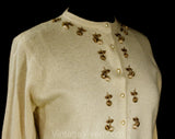 Size 10 Cashmere Cardigan with Cherry Embroidery - 1950s Cherries Fruit Button Front Beige Sweater - 50s Angora Luxury Knit Jumper - Bust 36