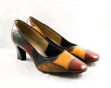 Size 9 Mod 1960s Patchwork Leather Pumps - Unworn 9B Shoes - Forest Green Yellow & Maroon Stitched Patches - 60s Secretary Deadstock - 47729