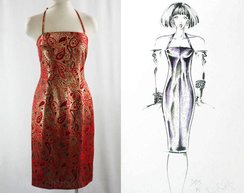 Size 4 Designer Cocktail Dress - Metallic Red & Black Paisley Brocade - Strappy Fitted Party Dress - 1985 Dan De Santis Deadstock - Waist 28