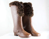 Girls Victorian Style Boots - Child Size 11 - 1950s 60s with Antique Look - Brown Faux Fur Lace Up Waterproof Rain Shoe - NOS Deadstock