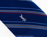 1980s YSL Men's Tie - Fine Navy Blue Striped Necktie by Designer Yves St Laurent - Dark Red Brown White Diagonal Stripe - Preppy 80s Gimbels