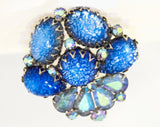 Stunning 1950s Juliana Brooch - Cinderella Blue Crackle Glass Easter Egg Cabochons & AB Rhinestones - 50s 60s Delizza and Elster Glamour Pin