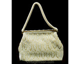 Rich 1950s Beaded Evening Bag - White & Ivory Beadwork Formal Purse with Leaf Pattern - 50s 60s Handbag with Bead Strap - Made in Hong Kong