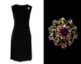 Size 8 Black 1960s Audrey Dress - Sleeveless Crepe Minimalist Cocktail & Glittering Pink Rhinestone Brooch - Mod 60s Party Chic - Bust 36.5