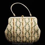 1960s Needlepoint Handbag - Laurel Wreath Vines Purse - 60s Elegant Tapestry Style Bag - Beige Green Taupe - Grecian Greek Neoclassical