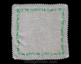Spearmint Green Embroidered Tablecloth - Oatmeal Natural Linen with Leaves Embroidery & Cotton Crochet Lace - Rustic Square in Spring Hues