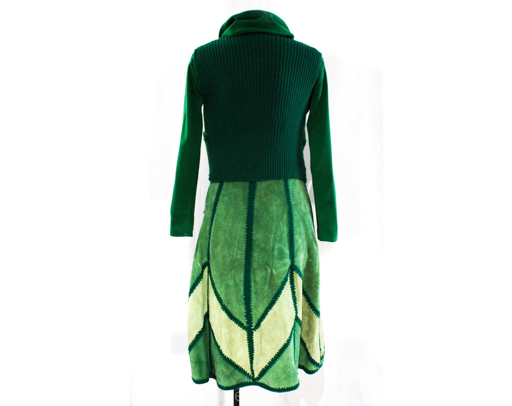 Size 8 Green Hippie Dress Set - 1970s Suede Patchwork Vest & Skirt wit Vintage Vixen Clothing Size 8 Green Hippie Dress Set - 1970s Suede Patchwork Vest & Skirt wit Vintage Vixen Clothing
