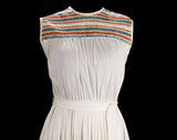 Size 6 Ivory Dress with Rainbow Smocking - Cute 60s Sleeveless Summer Dress - Blouson Bodice & Pleated Skirt - Tie Belt - Waist 25.5 - 49496