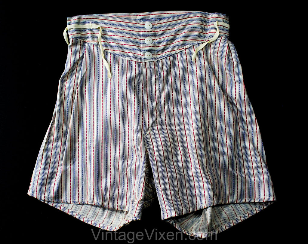1930s Boys Boxer Shorts - Blue & Maroon Stripe Authentic 30s NOS Deadstock - Childs Size 8 to 10 Underwear - Boy's Cotton Undershorts