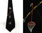1940s Men's Tie - 40s Hand Painted Fly Fishing Novelty Theme - Lure Wicker Bag Rod & Reel Fish Net - Mens Necktie - 40's California - 45617