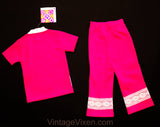 1960s Toddler Girls Pant Set - Size 3T Girl's Polyester Outfit - 60s 70s Fuchsia Pink Tunic Top and Bell Bottoms with Lace - NWT Deadstock